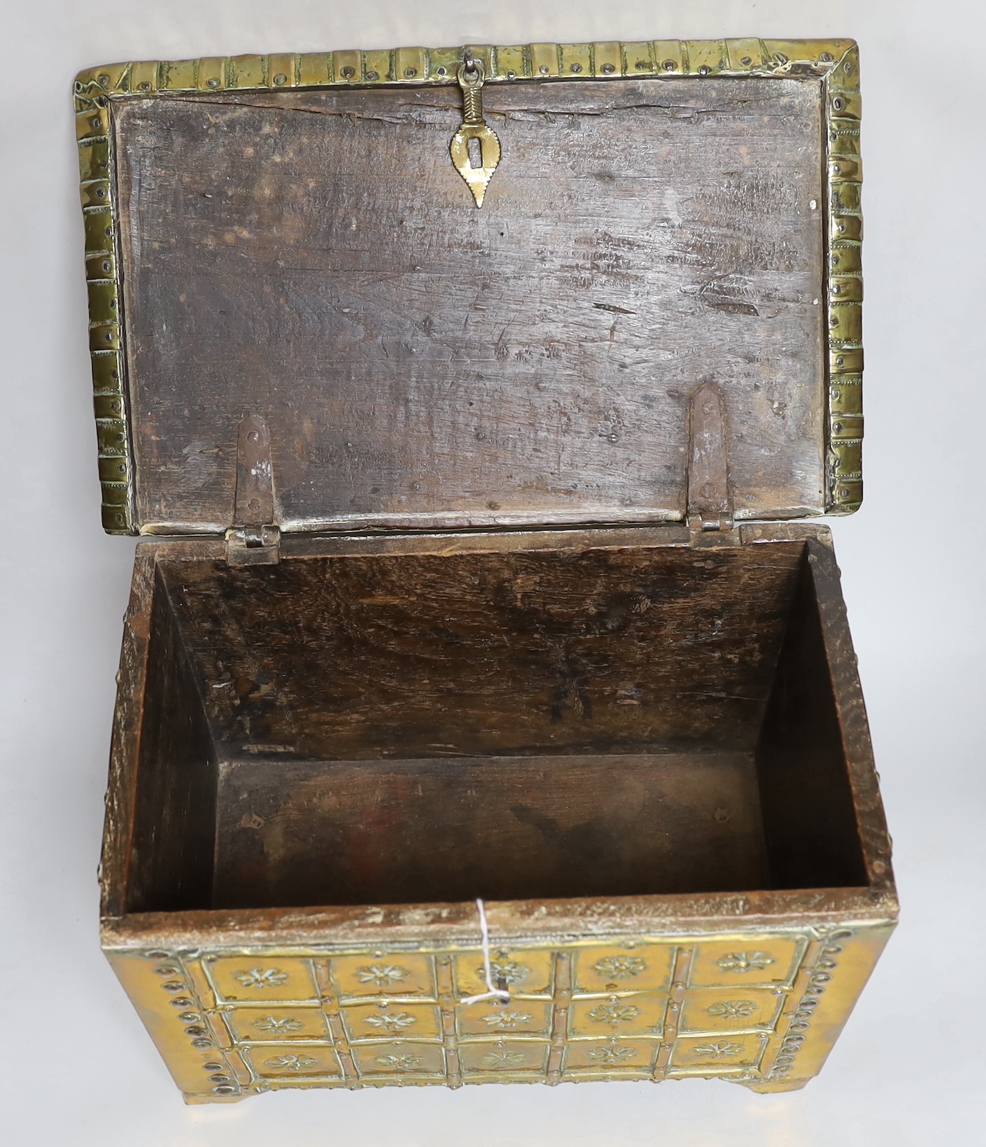 An 18th century brass bound chest, 36cm wide, 25.5cm high